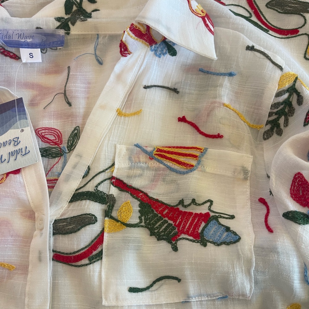 Coastal Embroidered Beach Cover Up Midi Shirt Dress Ocean Theme Lemons Resort S - Picture 4 of 14